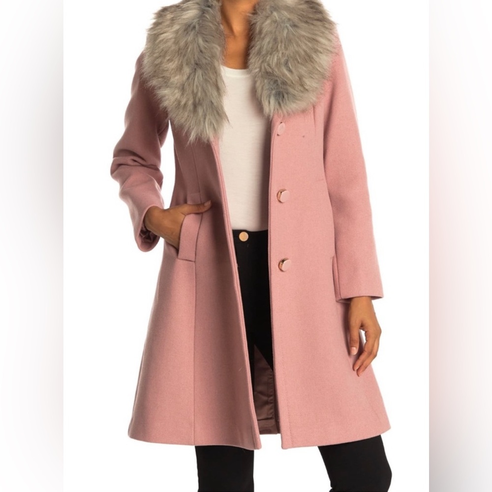 NEW Kate Spade ♠️ Faux Fur Trimmed Wool Coat w/a Bow 🎀 Fur is removable!